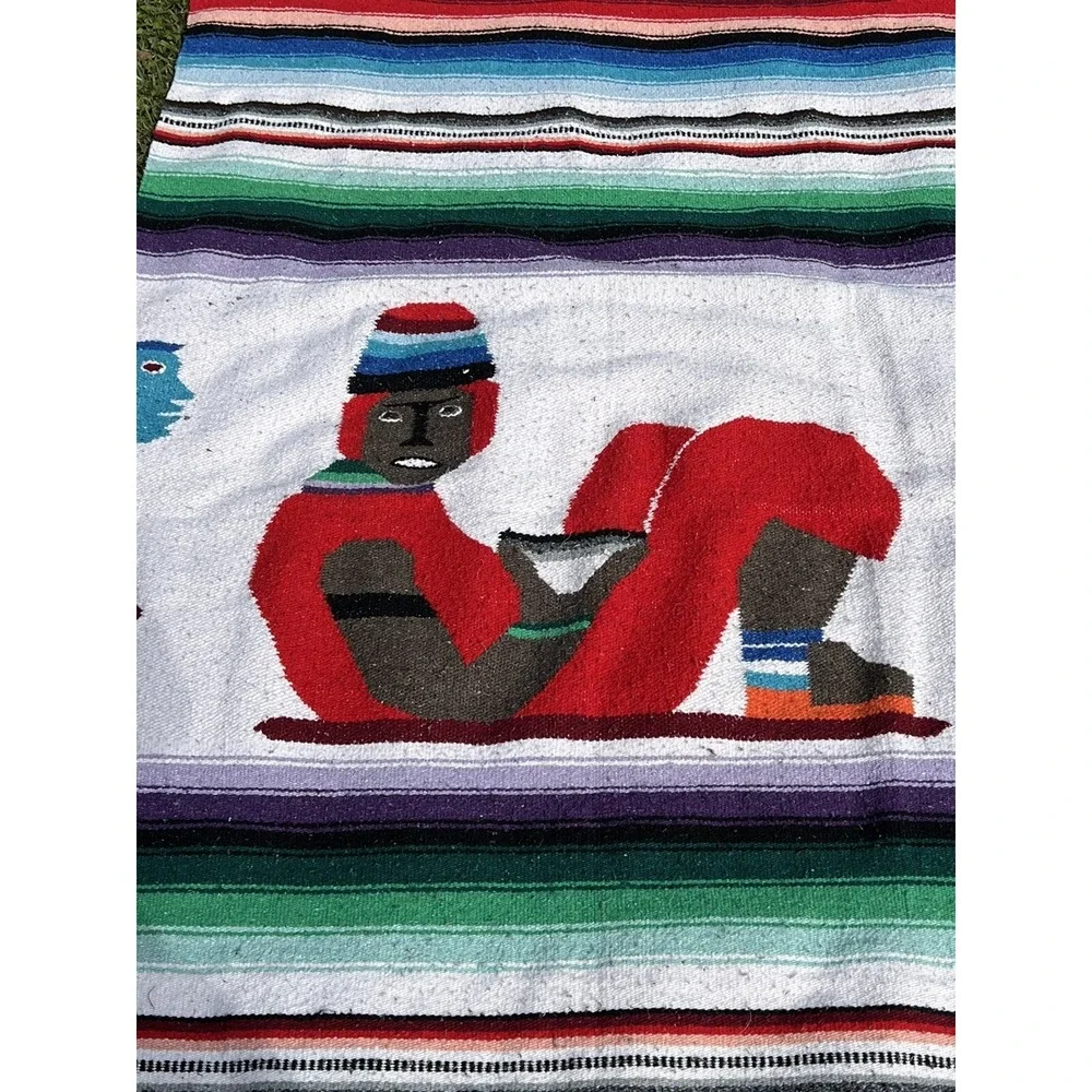 Vintage Wool Multicolor‎ Aztec Striped Throw Blanket 77